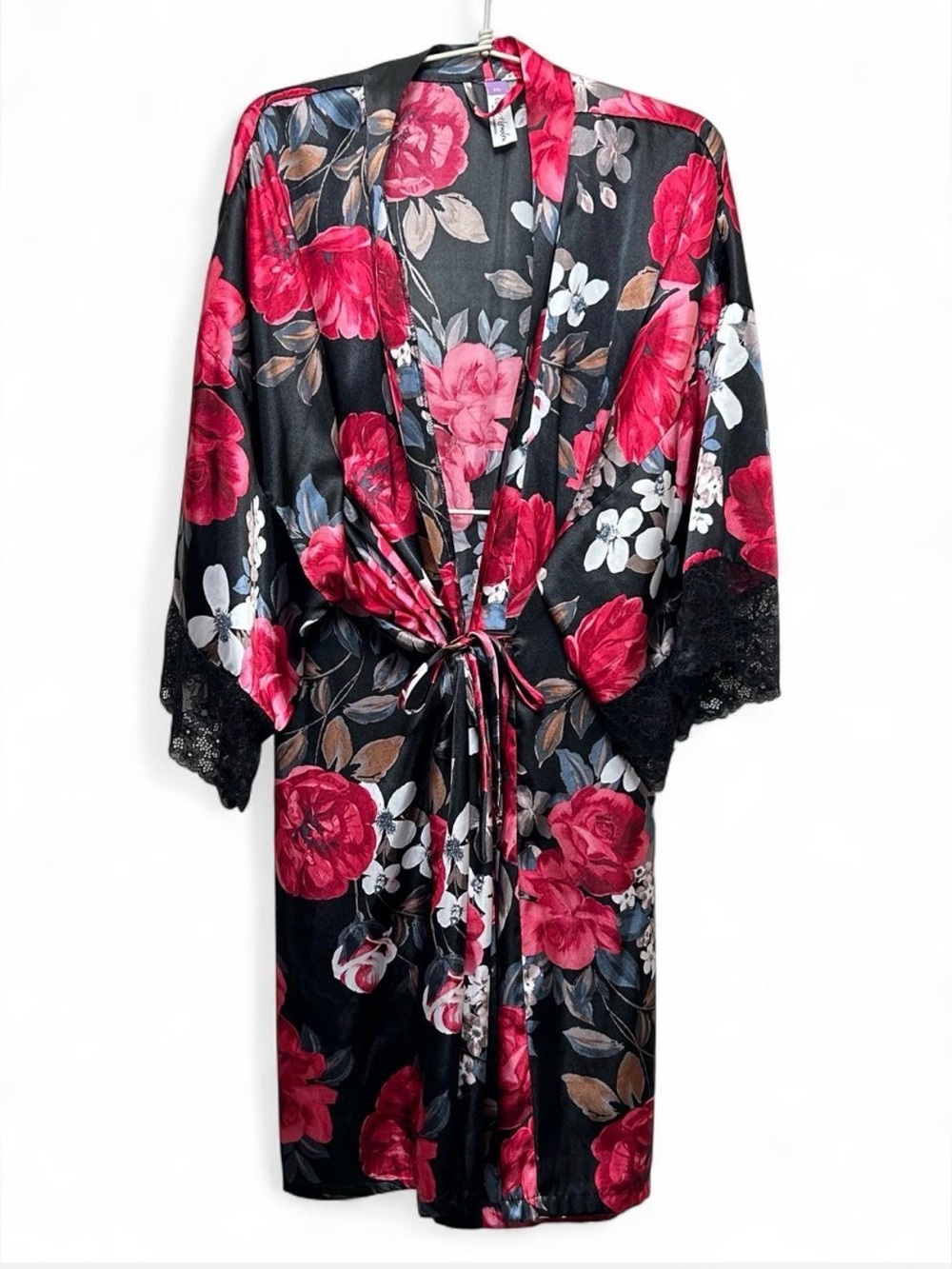 Lila + London Floral Satin Kimono Robe XXL Black Red Lace Trim Belted